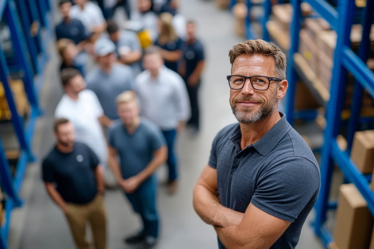 Production manager in industrial environment in front of his colleagues