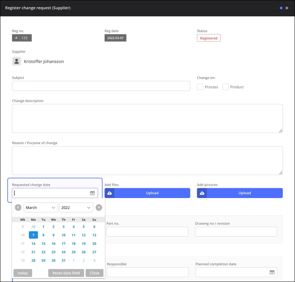 Registera ändringshantering - register change request