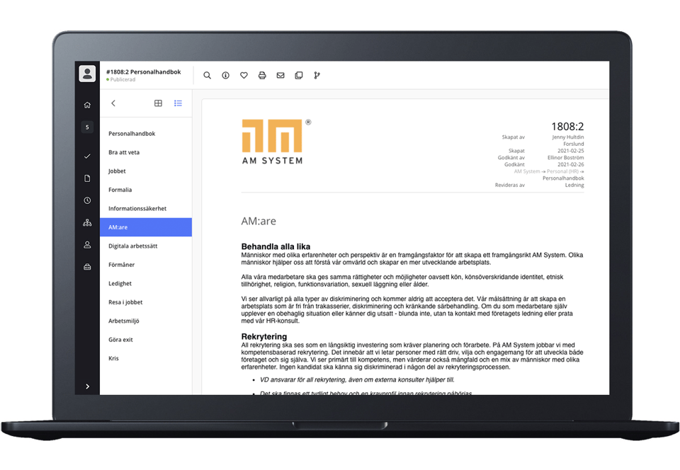 Personalhandbok och personalpolicy i ledningssystem från AM System