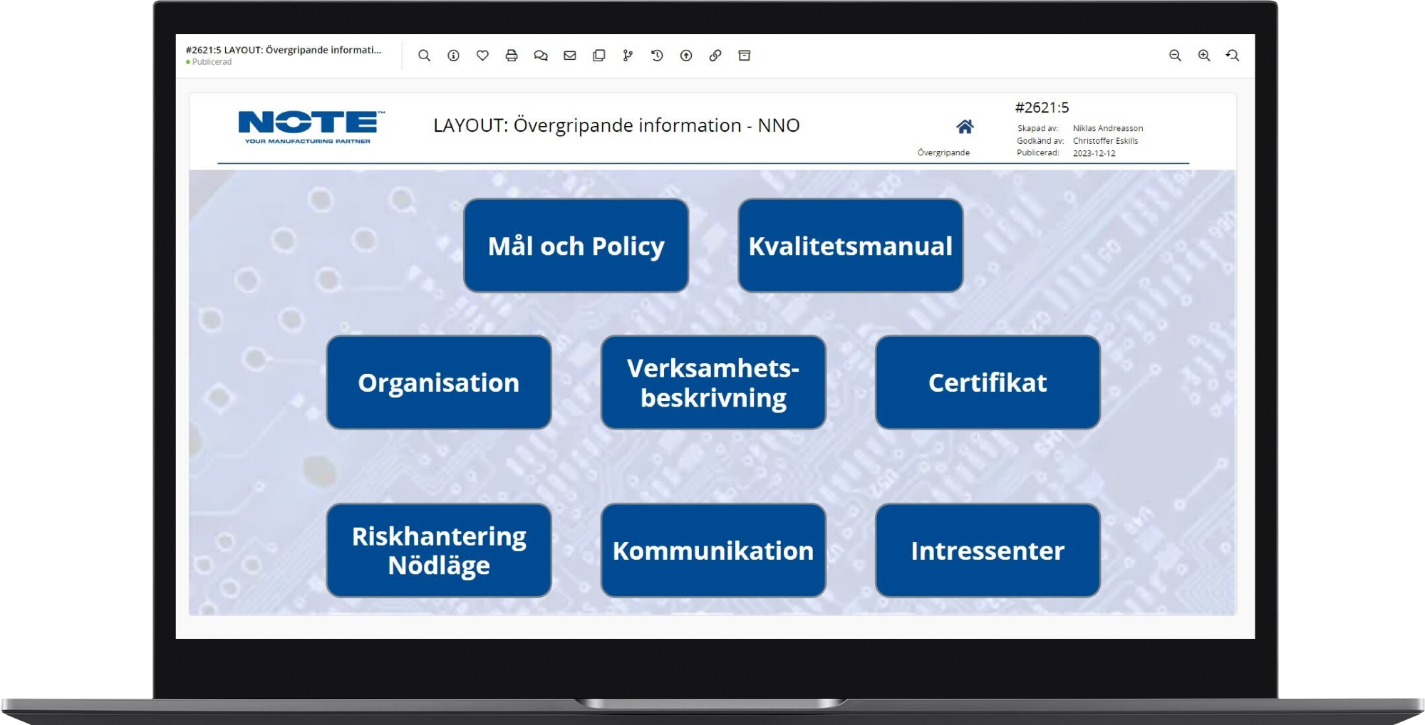 NOTE layout för övergripande information