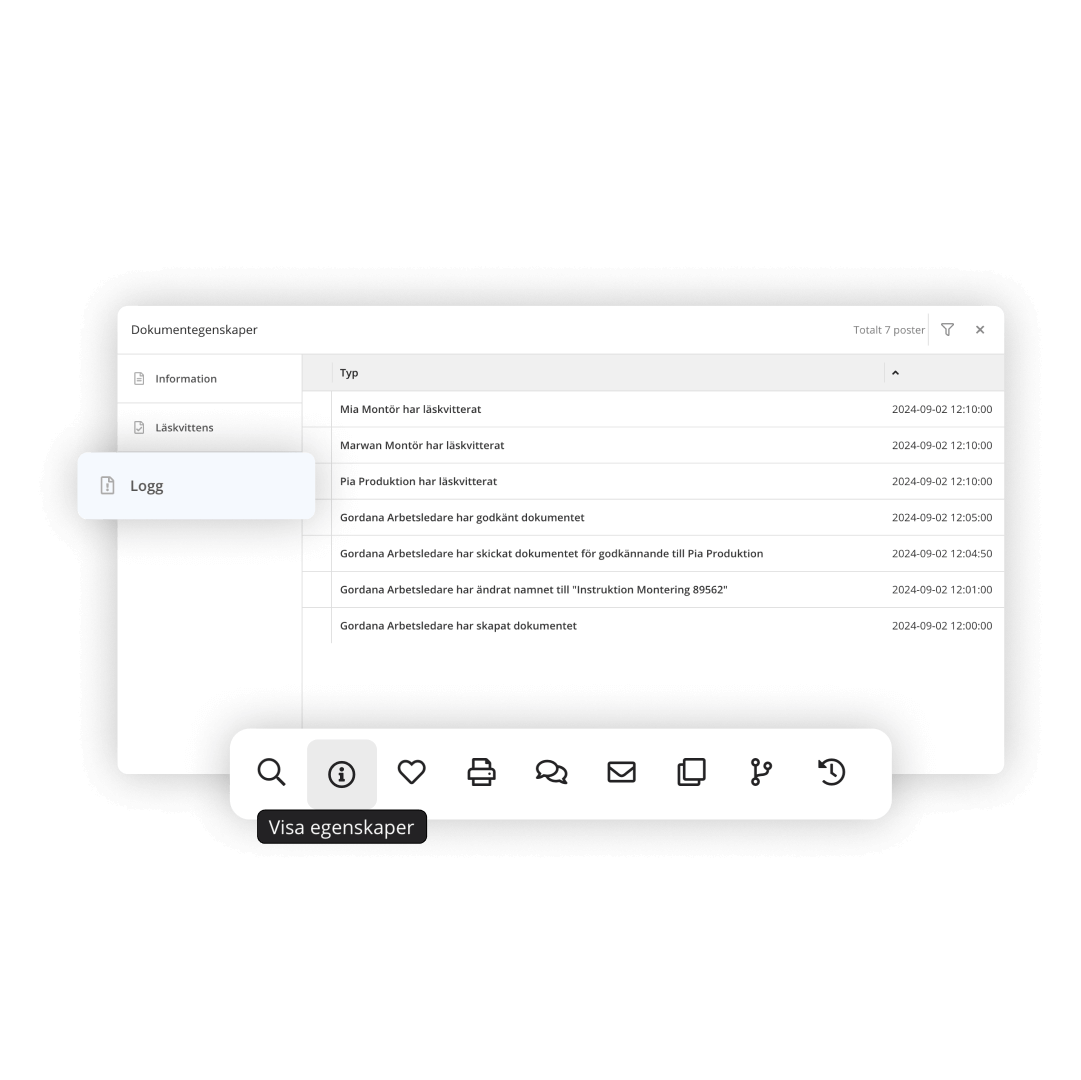 Information, historik och logg över alla dokument